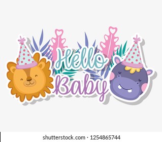 lion and hippopotamus with party hat to baby shower