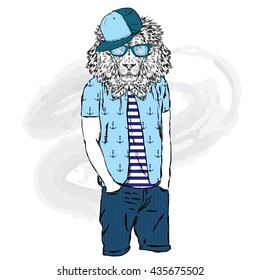 Lion hipster in summer clothes. The leo with the human body. Fashion & Style. Vector illustration for greeting card, poster, or print on clothing and accessories.