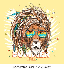 Lion hipster in sunglasses. Summer is close illustration. Stylish image for printing on any surface