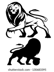 lion holding a ball - vector illustration - black and white outline and silhouette