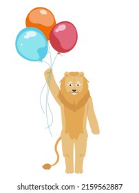 Lion holding balloons. Animal in cartoon style.