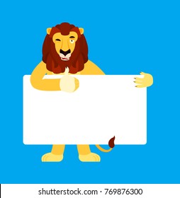 Lion holding banner blank. Wild animal and white blank. Beast thumb up and winks joyful emotion. place for text. Vector illustration