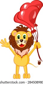 Lion holding heart balloons