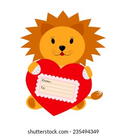 Lion holding a heart on a white background