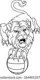 Lion holding a volleyball ball with sharp claw sports team mascot design.