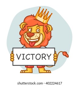 Lion Holds Poster and Smiling