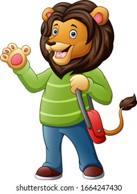 Lion with a human body in a clothes and bag