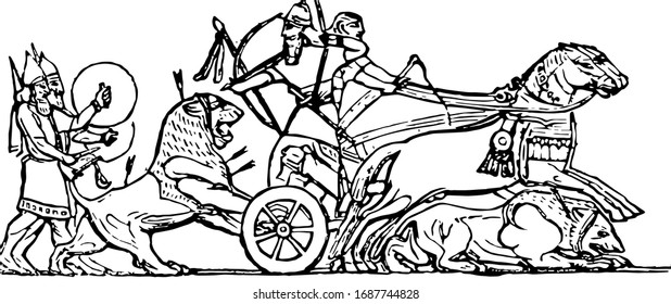 Lion Hunt are from the North-west Palace at Nimrud, vintage engraving.