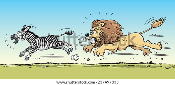 Lion hunting a zebra, cartoon wallpaper mural. 