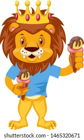 Lion with ice cream, illustration, vector on white background.