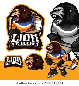 Logo-Cartoon von Lion Ice Hockey Mascot für Sport-Team und Business