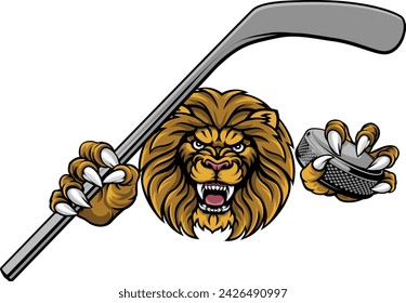 A lion ice hockey player cartoon sports mascot holding a hockey puck and stick