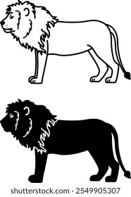 Iconos de león. Ilustraciones vectoriales blancas y negras. Mamífero carnívoro, gato salvaje. León con melena grande y cola larga. Para el diseño de libros para colorear. Concepto de animales