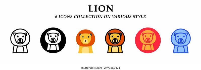 Lion icons collection. 6 Various styles. Lineal, solid black, flat, lineal color and gradient. For sign, symbol, presentation, infographic or web graphics. Vector Illustration.