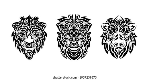 Lion illustration with black and white style. Lion face set. Vector illustration.