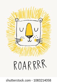 Lion illustration with hand-drawn lettering roar. Cute vector illustration. Design for birthday invitation or baby shower, card, poster, clothing, nursery wall art.