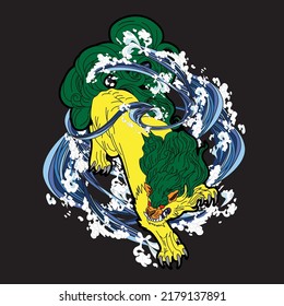 lion illustration with japanese style background