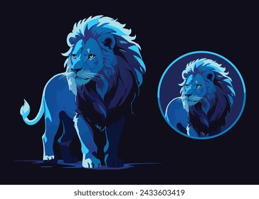 Ilustración de león shillouette logo neón azul vecto