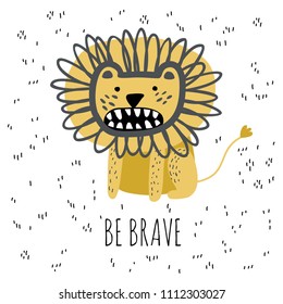 Lion illustration vector. Meeting with the roaring lion. T-shirt graphics for kids vector illustration. Be brave.