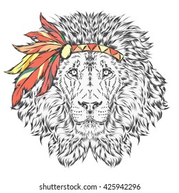 Lion in the Indian dressing with feathers . The leader of the tribe. Vector illustration for greeting cards , posters or prints on clothes and accessories .