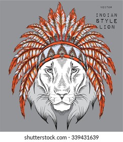 Lion in the Indian roach. Indian feather headdress of eagle. Hand draw vector  illustration