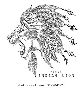 Lion in the Indian roach. Indian feather headdress of eagle