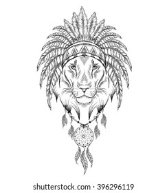 Lion in the Indian roach. Indian feather headdress of eagle. Hand draw vector  illustration