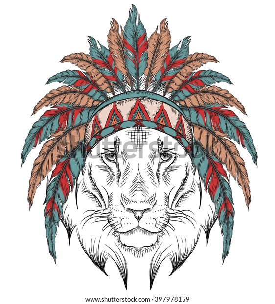 Lion Indian Roach Indian Feather Headdress Stock Vector (Royalty Free ...