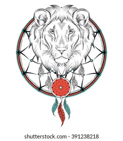 Lion indian warrior, animal hand drawn illustration, native american poster.  Hand draw vector illustration