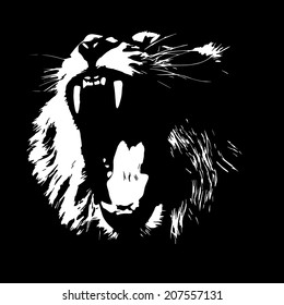 Lion, isolated on black background. The King of beasts, biggest cat of the world. Most dangerous predator with open chaps. Great for user pic, icon, label or tattoo. Black and white vector image.