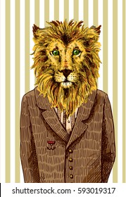 Lion in a jacket. Vector illustration for greeting card, poster, or print on clothes. Fashion Style drawing. Hipster.