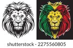 Lion of Judah face eps vector art image illustration. Rasta Jamaican lion head front view with rastafarian reggae colors on dark background.