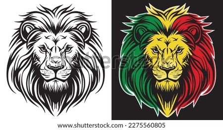 Lion of Judah face eps vector art image illustration. Rasta Jamaican lion head front view with rastafarian reggae colors on dark background.