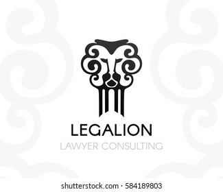 Lion judge with pillar. Law firm logo template. Concept for legal firms, notary offices or justice companies