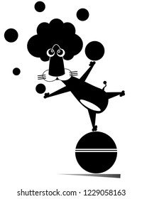 Lion juggling with balls isolated illustration. Cartoon lion balances on the ball and juggles black on white illustration
