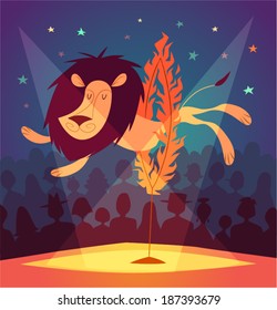 Lion jumping circus show. Vector illustration.