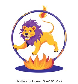 Lion jumping from fire ring illustration in flat style 

