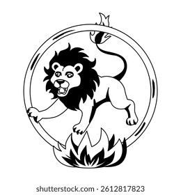 Lion jumping from fire ring illustration in glyph style 

