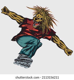 Lion jumping on rollerblades with his arms extended. In-line skates concept mascot illustration.