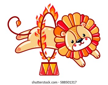 Lion jumping through a flaming ring
Circus lion jumping through a flaming ring. Cute vector illustration.