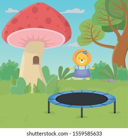 lion jumping trampoline mushroom house fantasy fairy tale vector illustration