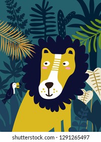 Lion in jungle. Vector illustration
