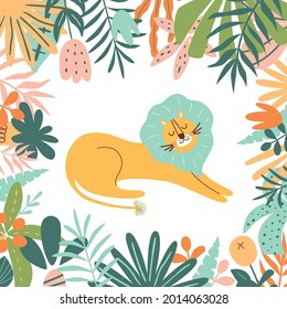 Lion in jungle. Wild animal illustration with jungle plants. Bright zoo postcard. Sweet jungle lion