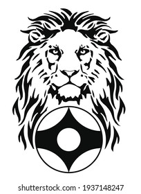 The Lion and Karate kyokushin kanku original symbol emblem, drawing for tattoo, on a white background, vector, black and white