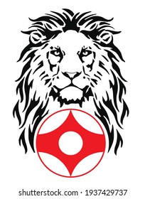 The Lion and Karate kyokushin kanku original simbol, drawing for tattoo, on a white background, illustration, black, red and white, vector