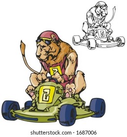 Lion Karting Mascot. Great for t-shirt designs, school mascot logo and any other design work. Ready for vinyl cutting.