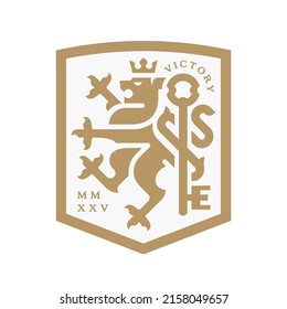 Lion and key crest heraldry logo. Royal heraldic animal coat of arms crown icon. Luxury vintage style insignia shield emblem. Premium classic brand symbol design. Vector illustration.