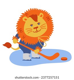 Lion kid play hockey character. Vector children illustration. Use for t-shirt template, surface design, fashion kids wear, baby shower, sports activities club, winter activities poster, invitations