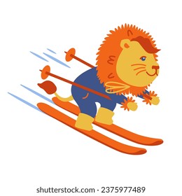 Lion kid skiing character. Vector children illustration. Use for t-shirt template, surface design, fashion kids wear, baby shower, sports activities club, winter activities poster, invitations