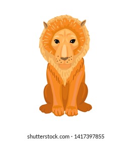 The lion, the king of beasts, sits serious or sad, looking ahead. Red mane, big cat beast. Vector cartoon flat illustration on white background